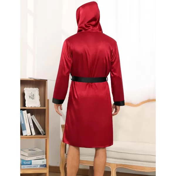 SWOMOG Mens Hooded Robe Satin Bathrobe with Shorts Set Silky Kimono Robe with HoodRed