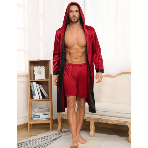 SWOMOG Mens Hooded Robe Satin Bathrobe with Shorts Set Silky Kimono Robe with HoodRed