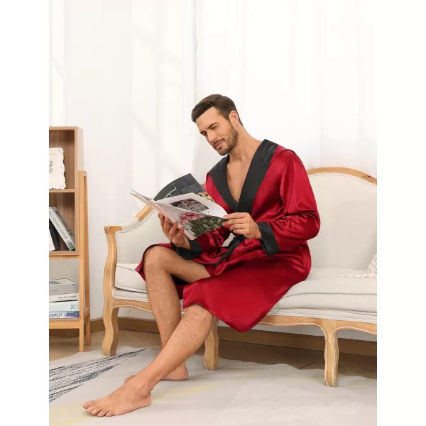 SWOMOG Mens Hooded Robe Satin Bathrobe with Shorts Set Silky Kimono Robe with HoodRed