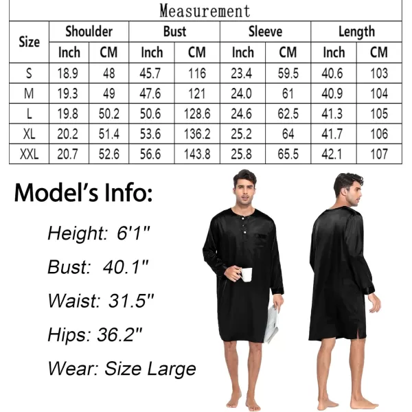 SWOMOG Mens Long Sleeve Nightshirt Satin Nightgown Winter Crewneck Sleepwear Buttonup Soft Pullover Loose Sleep ShirtBlack