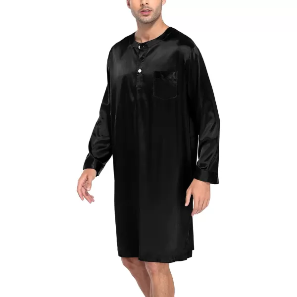 SWOMOG Mens Long Sleeve Nightshirt Satin Nightgown Winter Crewneck Sleepwear Buttonup Soft Pullover Loose Sleep ShirtBlack