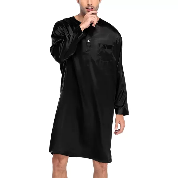 SWOMOG Mens Long Sleeve Nightshirt Satin Nightgown Winter Crewneck Sleepwear Buttonup Soft Pullover Loose Sleep ShirtBlack