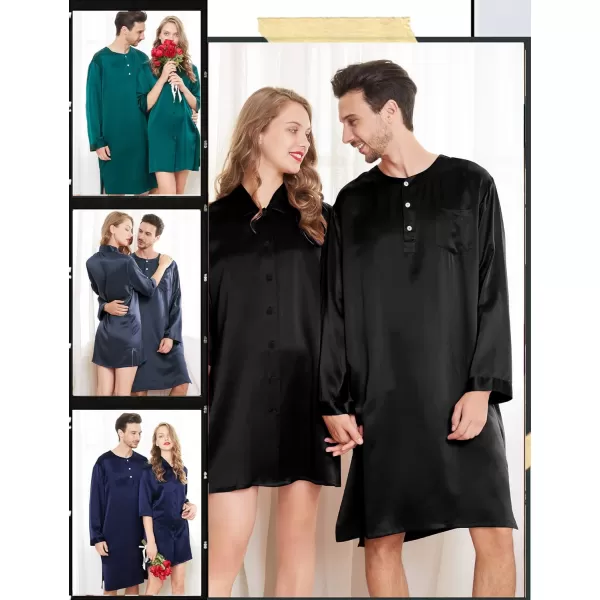 SWOMOG Mens Long Sleeve Nightshirt Satin Nightgown Winter Crewneck Sleepwear Buttonup Soft Pullover Loose Sleep ShirtBlack