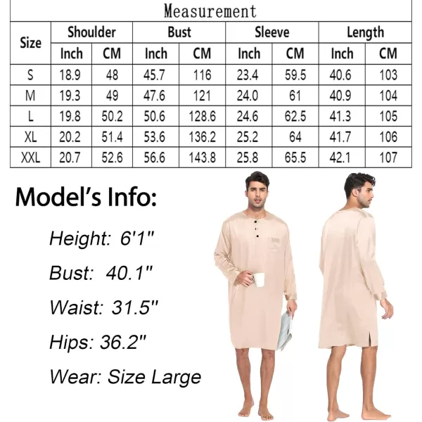 SWOMOG Mens Long Sleeve Nightshirt Satin Nightgown Winter Crewneck Sleepwear Buttonup Soft Pullover Loose Sleep ShirtChampagne