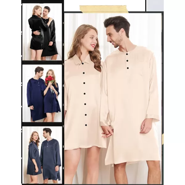 SWOMOG Mens Long Sleeve Nightshirt Satin Nightgown Winter Crewneck Sleepwear Buttonup Soft Pullover Loose Sleep ShirtChampagne