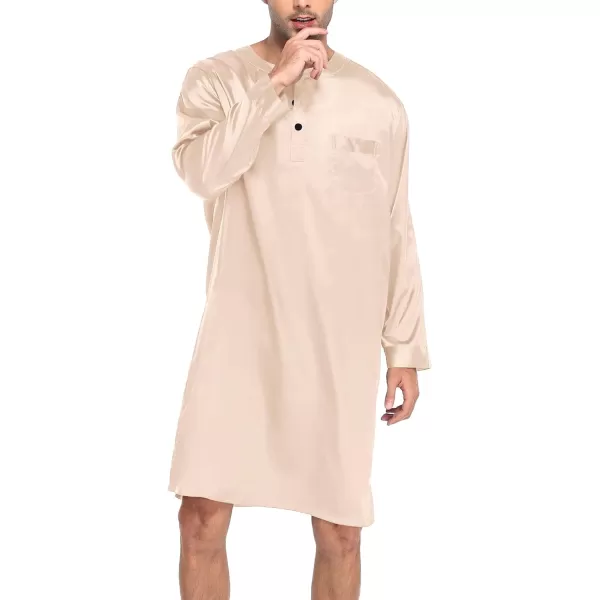 SWOMOG Mens Long Sleeve Nightshirt Satin Nightgown Winter Crewneck Sleepwear Buttonup Soft Pullover Loose Sleep ShirtChampagne