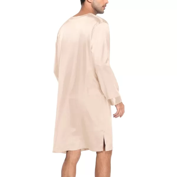 SWOMOG Mens Long Sleeve Nightshirt Satin Nightgown Winter Crewneck Sleepwear Buttonup Soft Pullover Loose Sleep ShirtChampagne