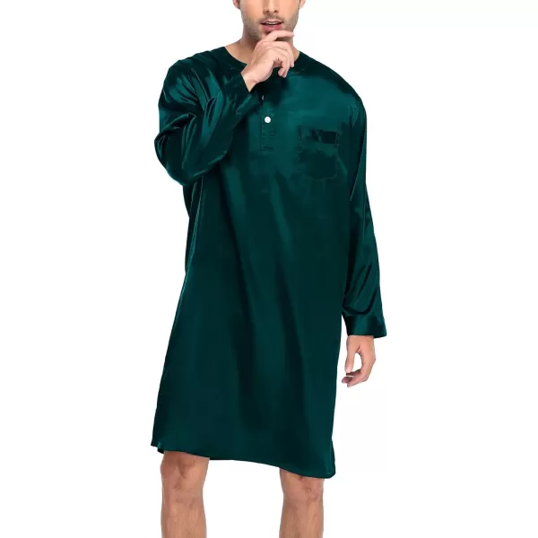 SWOMOG Mens Long Sleeve Nightshirt Satin Nightgown Winter Crewneck Sleepwear Buttonup Soft Pullover Loose Sleep ShirtDark Green