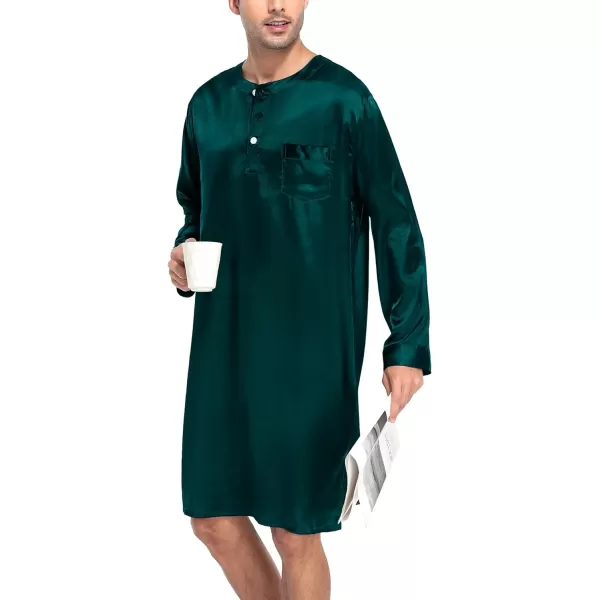 SWOMOG Mens Long Sleeve Nightshirt Satin Nightgown Winter Crewneck Sleepwear Buttonup Soft Pullover Loose Sleep ShirtDark Green