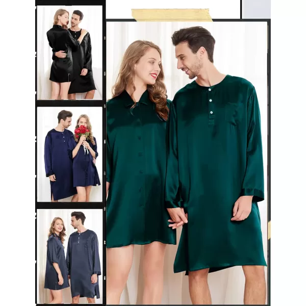 SWOMOG Mens Long Sleeve Nightshirt Satin Nightgown Winter Crewneck Sleepwear Buttonup Soft Pullover Loose Sleep ShirtDark Green