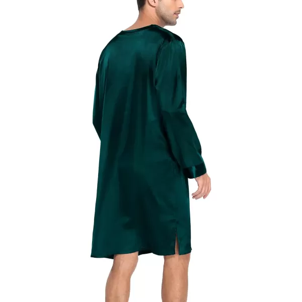 SWOMOG Mens Long Sleeve Nightshirt Satin Nightgown Winter Crewneck Sleepwear Buttonup Soft Pullover Loose Sleep ShirtDark Green