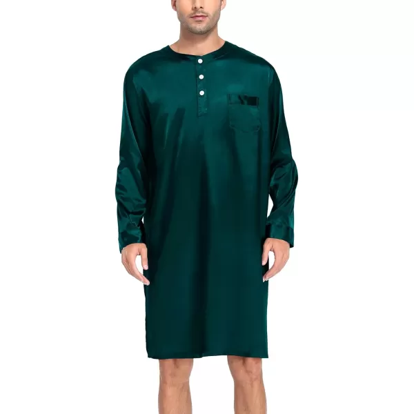 SWOMOG Mens Long Sleeve Nightshirt Satin Nightgown Winter Crewneck Sleepwear Buttonup Soft Pullover Loose Sleep ShirtDark Green