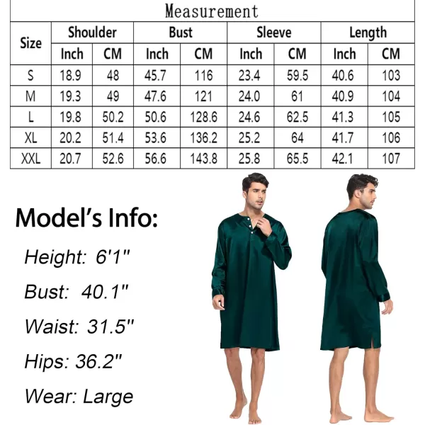 SWOMOG Mens Long Sleeve Nightshirt Satin Nightgown Winter Crewneck Sleepwear Buttonup Soft Pullover Loose Sleep ShirtDark Green