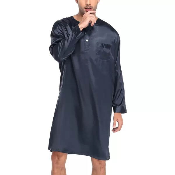 SWOMOG Mens Long Sleeve Nightshirt Satin Nightgown Winter Crewneck Sleepwear Buttonup Soft Pullover Loose Sleep ShirtDark Grey