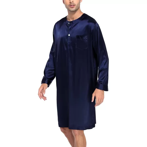 SWOMOG Mens Long Sleeve Nightshirt Satin Nightgown Winter Crewneck Sleepwear Buttonup Soft Pullover Loose Sleep ShirtDark Navy Blue