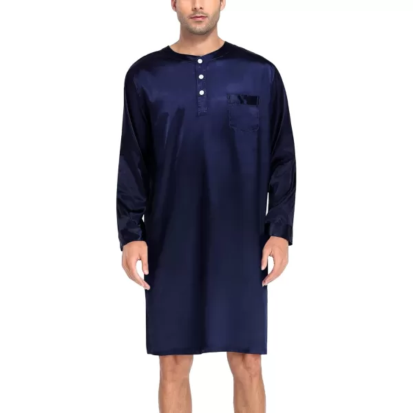 SWOMOG Mens Long Sleeve Nightshirt Satin Nightgown Winter Crewneck Sleepwear Buttonup Soft Pullover Loose Sleep ShirtDark Navy Blue