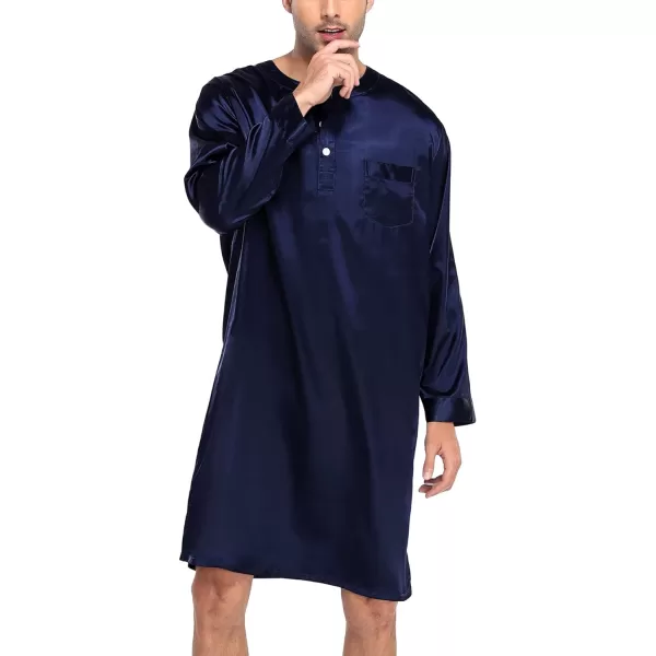 SWOMOG Mens Long Sleeve Nightshirt Satin Nightgown Winter Crewneck Sleepwear Buttonup Soft Pullover Loose Sleep ShirtDark Navy Blue