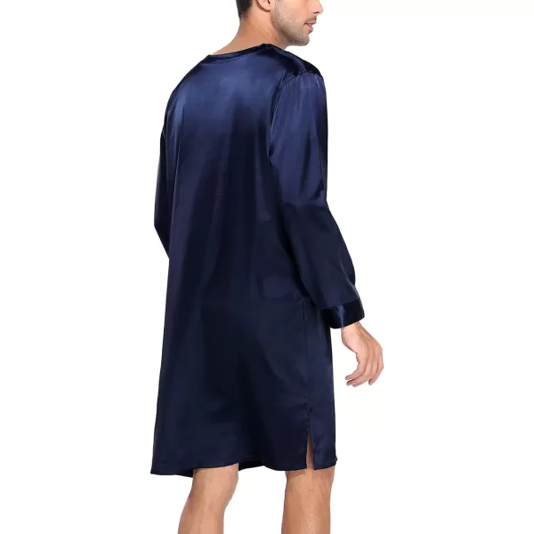 SWOMOG Mens Long Sleeve Nightshirt Satin Nightgown Winter Crewneck Sleepwear Buttonup Soft Pullover Loose Sleep ShirtDark Navy Blue