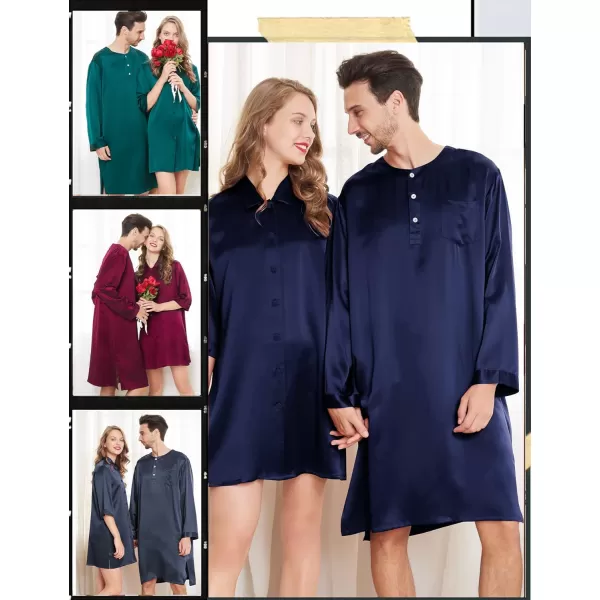 SWOMOG Mens Long Sleeve Nightshirt Satin Nightgown Winter Crewneck Sleepwear Buttonup Soft Pullover Loose Sleep ShirtDark Navy Blue