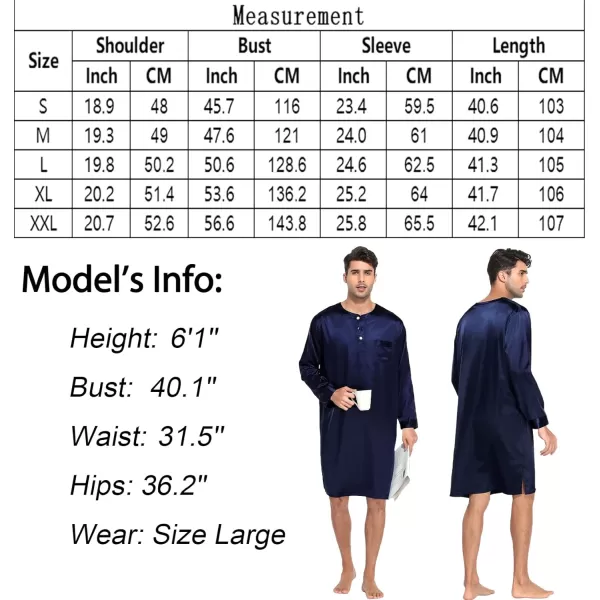 SWOMOG Mens Long Sleeve Nightshirt Satin Nightgown Winter Crewneck Sleepwear Buttonup Soft Pullover Loose Sleep ShirtDark Navy Blue