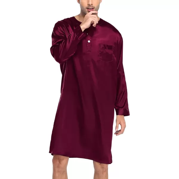 SWOMOG Mens Long Sleeve Nightshirt Satin Nightgown Winter Crewneck Sleepwear Buttonup Soft Pullover Loose Sleep ShirtDark Wine Red