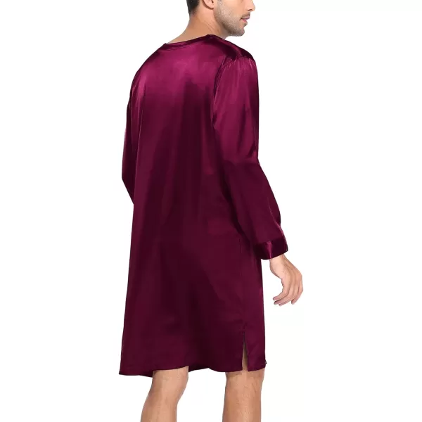 SWOMOG Mens Long Sleeve Nightshirt Satin Nightgown Winter Crewneck Sleepwear Buttonup Soft Pullover Loose Sleep ShirtDark Wine Red