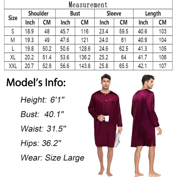 SWOMOG Mens Long Sleeve Nightshirt Satin Nightgown Winter Crewneck Sleepwear Buttonup Soft Pullover Loose Sleep ShirtDark Wine Red