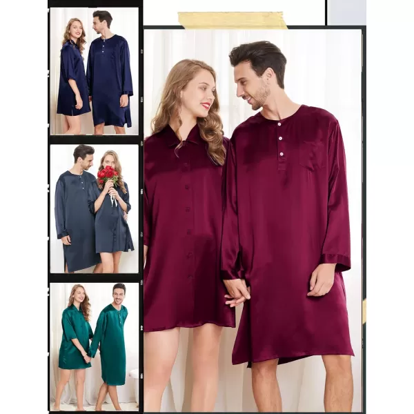 SWOMOG Mens Long Sleeve Nightshirt Satin Nightgown Winter Crewneck Sleepwear Buttonup Soft Pullover Loose Sleep ShirtDark Wine Red