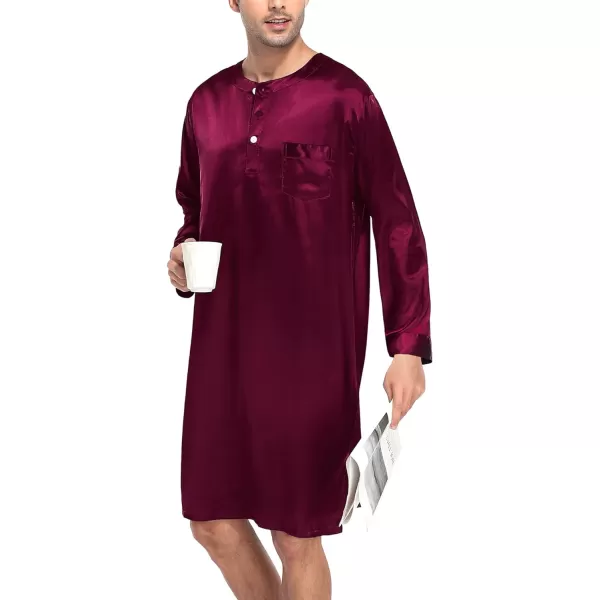 SWOMOG Mens Long Sleeve Nightshirt Satin Nightgown Winter Crewneck Sleepwear Buttonup Soft Pullover Loose Sleep ShirtDark Wine Red