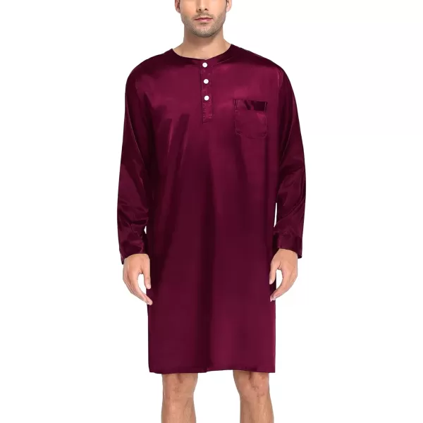 SWOMOG Mens Long Sleeve Nightshirt Satin Nightgown Winter Crewneck Sleepwear Buttonup Soft Pullover Loose Sleep ShirtDark Wine Red