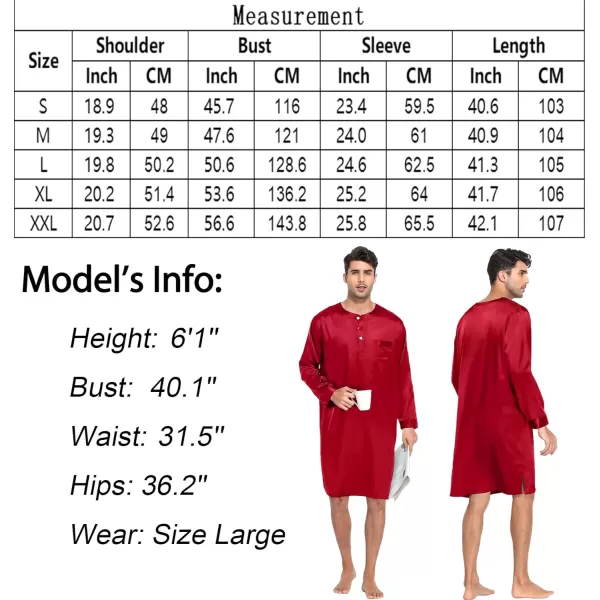 SWOMOG Mens Long Sleeve Nightshirt Satin Nightgown Winter Crewneck Sleepwear Buttonup Soft Pullover Loose Sleep ShirtRed