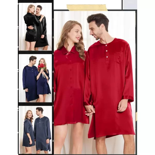 SWOMOG Mens Long Sleeve Nightshirt Satin Nightgown Winter Crewneck Sleepwear Buttonup Soft Pullover Loose Sleep ShirtRed