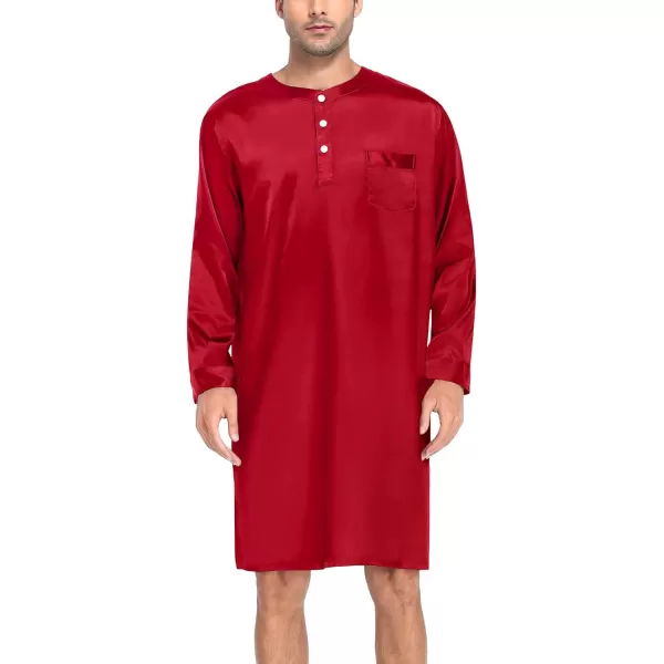 SWOMOG Mens Long Sleeve Nightshirt Satin Nightgown Winter Crewneck Sleepwear Buttonup Soft Pullover Loose Sleep ShirtRed