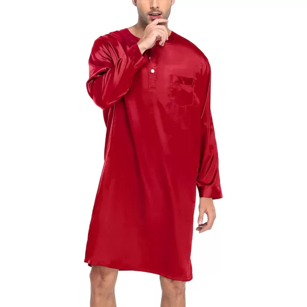 SWOMOG Mens Long Sleeve Nightshirt Satin Nightgown Winter Crewneck Sleepwear Buttonup Soft Pullover Loose Sleep ShirtRed