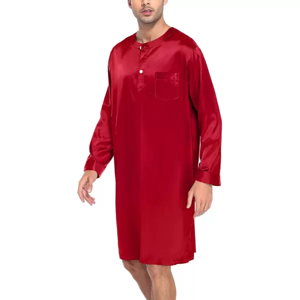 SWOMOG Mens Long Sleeve Nightshirt Satin Nightgown Winter Crewneck Sleepwear Buttonup Soft Pullover Loose Sleep ShirtRed