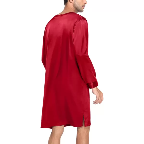 SWOMOG Mens Long Sleeve Nightshirt Satin Nightgown Winter Crewneck Sleepwear Buttonup Soft Pullover Loose Sleep ShirtRed