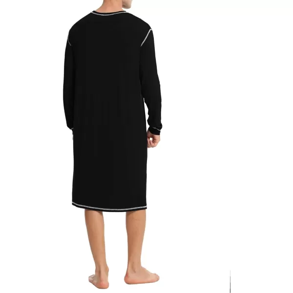 SWOMOG Mens Nightshirt Long Sleeve Nightgown Soft Loose Sleepwear Lightweight Nightwear Comfy Henley Sleep Shirt SXXLBlack