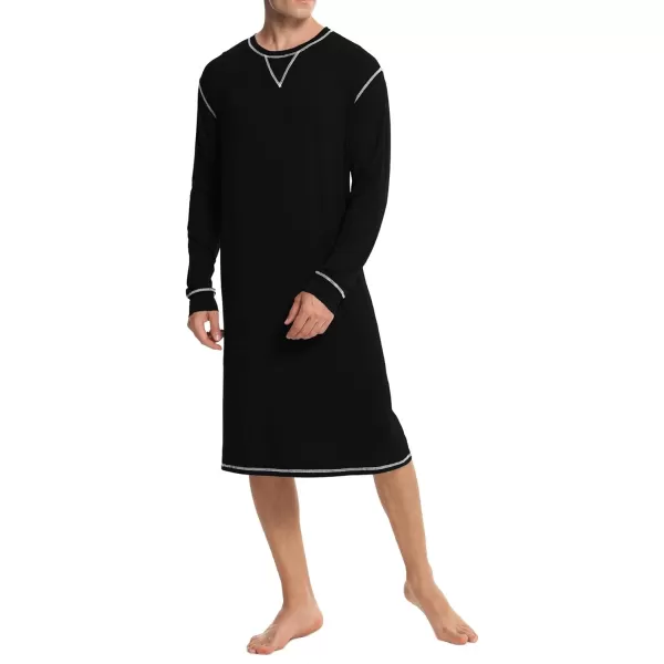 SWOMOG Mens Nightshirt Long Sleeve Nightgown Soft Loose Sleepwear Lightweight Nightwear Comfy Henley Sleep Shirt SXXLBlack