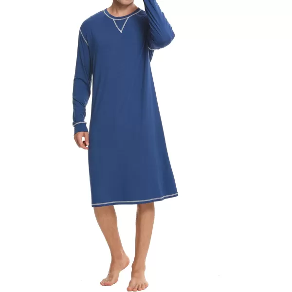 SWOMOG Mens Nightshirt Long Sleeve Nightgown Soft Loose Sleepwear Lightweight Nightwear Comfy Henley Sleep Shirt SXXLNavy