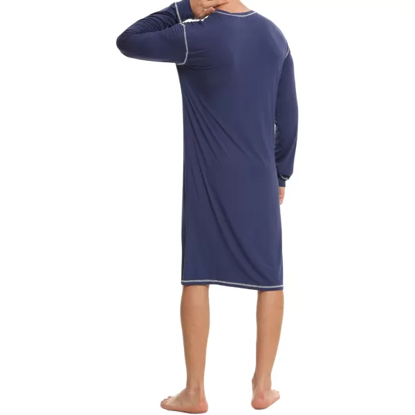 SWOMOG Mens Nightshirt Long Sleeve Nightgown Soft Loose Sleepwear Lightweight Nightwear Comfy Henley Sleep Shirt SXXLNavy Blue