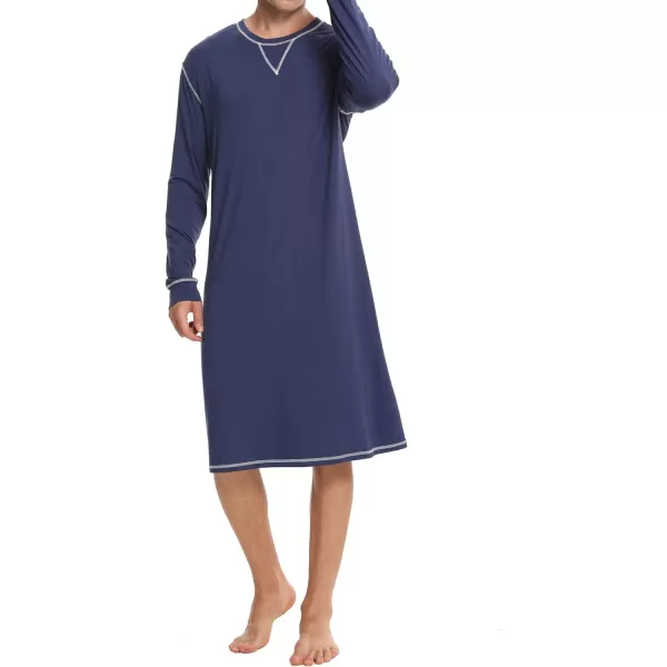 SWOMOG Mens Nightshirt Long Sleeve Nightgown Soft Loose Sleepwear Lightweight Nightwear Comfy Henley Sleep Shirt SXXLNavy Blue