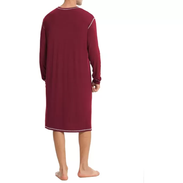 SWOMOG Mens Nightshirt Long Sleeve Nightgown Soft Loose Sleepwear Lightweight Nightwear Comfy Henley Sleep Shirt SXXLWine Red