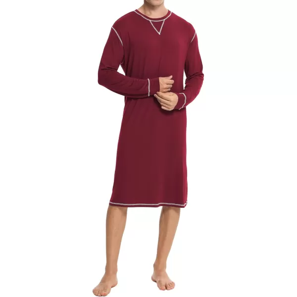 SWOMOG Mens Nightshirt Long Sleeve Nightgown Soft Loose Sleepwear Lightweight Nightwear Comfy Henley Sleep Shirt SXXLWine Red