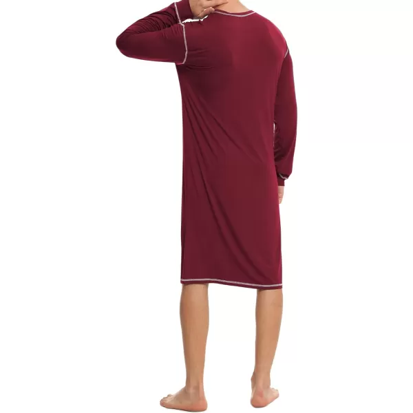 SWOMOG Mens Nightshirt Long Sleeve Nightgown Soft Loose Sleepwear Lightweight Nightwear Comfy Henley Sleep Shirt SXXLWine Red