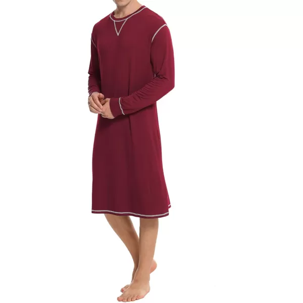 SWOMOG Mens Nightshirt Long Sleeve Nightgown Soft Loose Sleepwear Lightweight Nightwear Comfy Henley Sleep Shirt SXXLWine Red