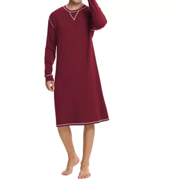 SWOMOG Mens Nightshirt Long Sleeve Nightgown Soft Loose Sleepwear Lightweight Nightwear Comfy Henley Sleep Shirt SXXLWine Red