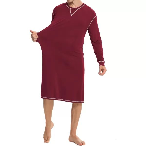 SWOMOG Mens Nightshirt Long Sleeve Nightgown Soft Loose Sleepwear Lightweight Nightwear Comfy Henley Sleep Shirt SXXLWine Red