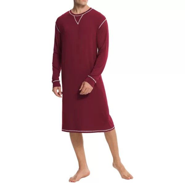 SWOMOG Mens Nightshirt Long Sleeve Nightgown Soft Loose Sleepwear Lightweight Nightwear Comfy Henley Sleep Shirt SXXLWine Red