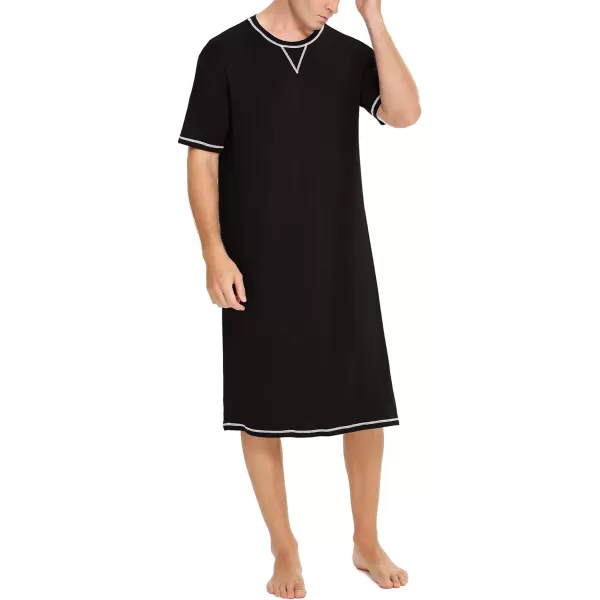 SWOMOG Mens Nightshirt Short Sleeve Nightgown Soft Loose Sleepwear Lightweight Nightwear Comfy Henley Sleep Shirt SXXLBlack