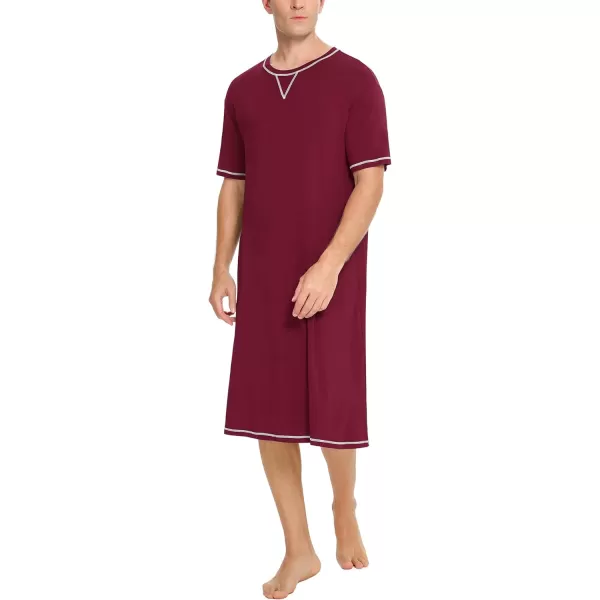 SWOMOG Mens Nightshirt Short Sleeve Nightgown Soft Loose Sleepwear Lightweight Nightwear Comfy Henley Sleep Shirt SXXLWine Red